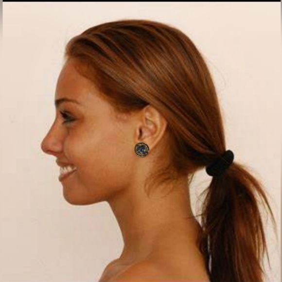 #Vintage 80's Round Gold Tone Sapphire Rhinestones Pierced Stud Earrings 1" diam - Picture 5 of 5